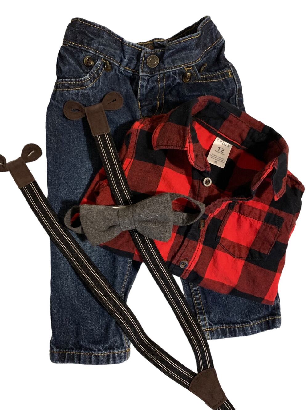 Carter’s 12M Buffalo Check Holiday Outfit with Suspenders & Bow Tie